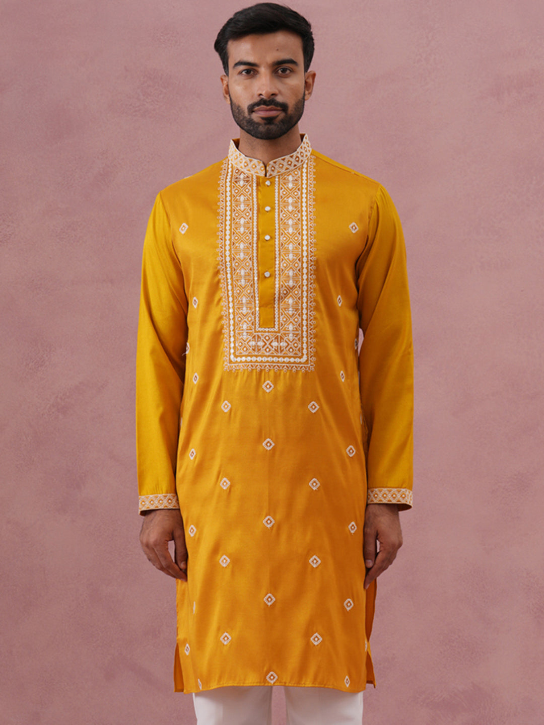 DesiQlo Men Embroidered Kurta Only - Yellow - 65KO_5341Mustard_S