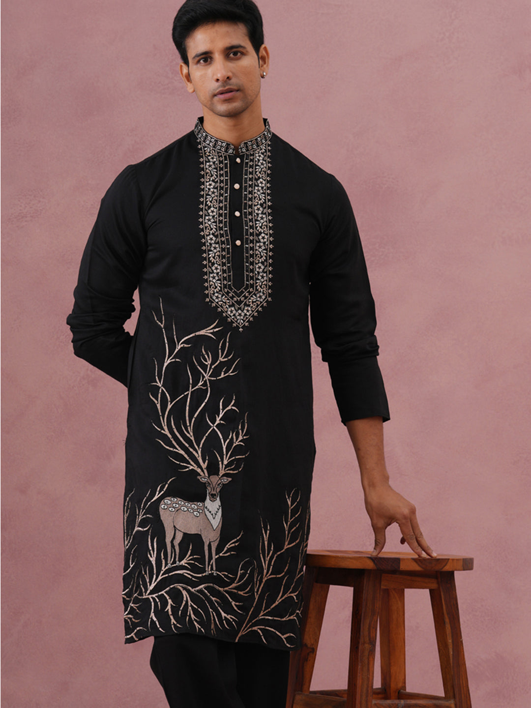 DesiQlo Men Embroidered Kurta Only - Black - 65KO_5342Black_S