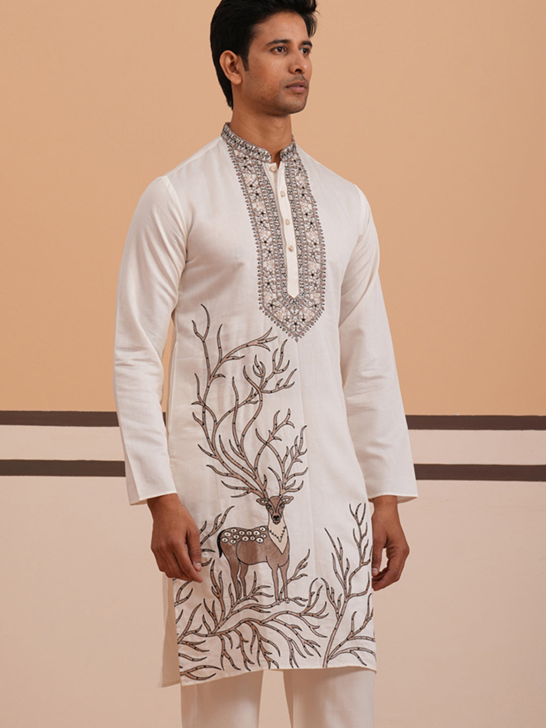 DesiQlo Men Embroidered Kurta Only - White - 65KO_5342White_S