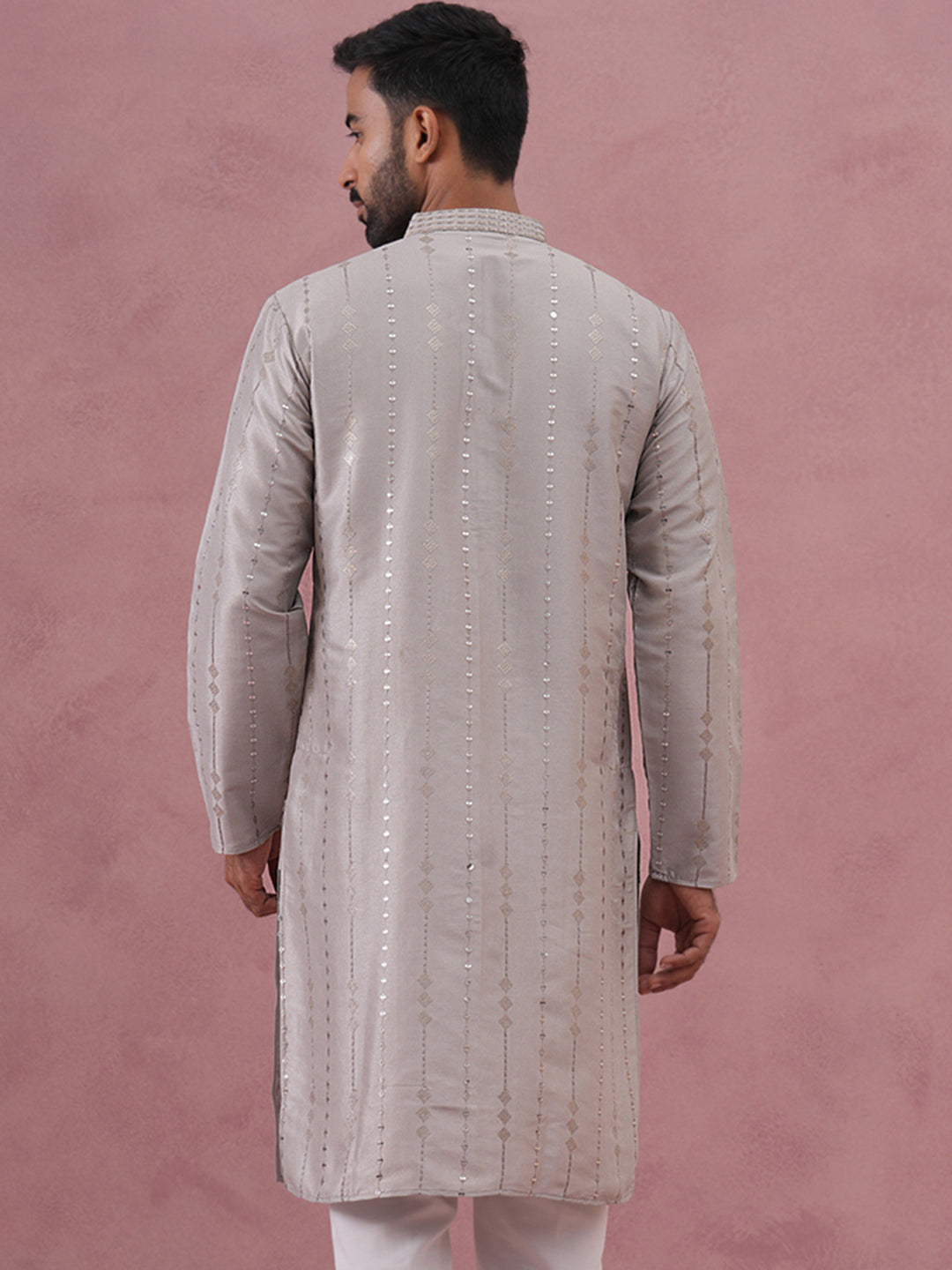DesiQlo Men Embroidered Kurta Only - Silver - 65KO_5343Silver_S