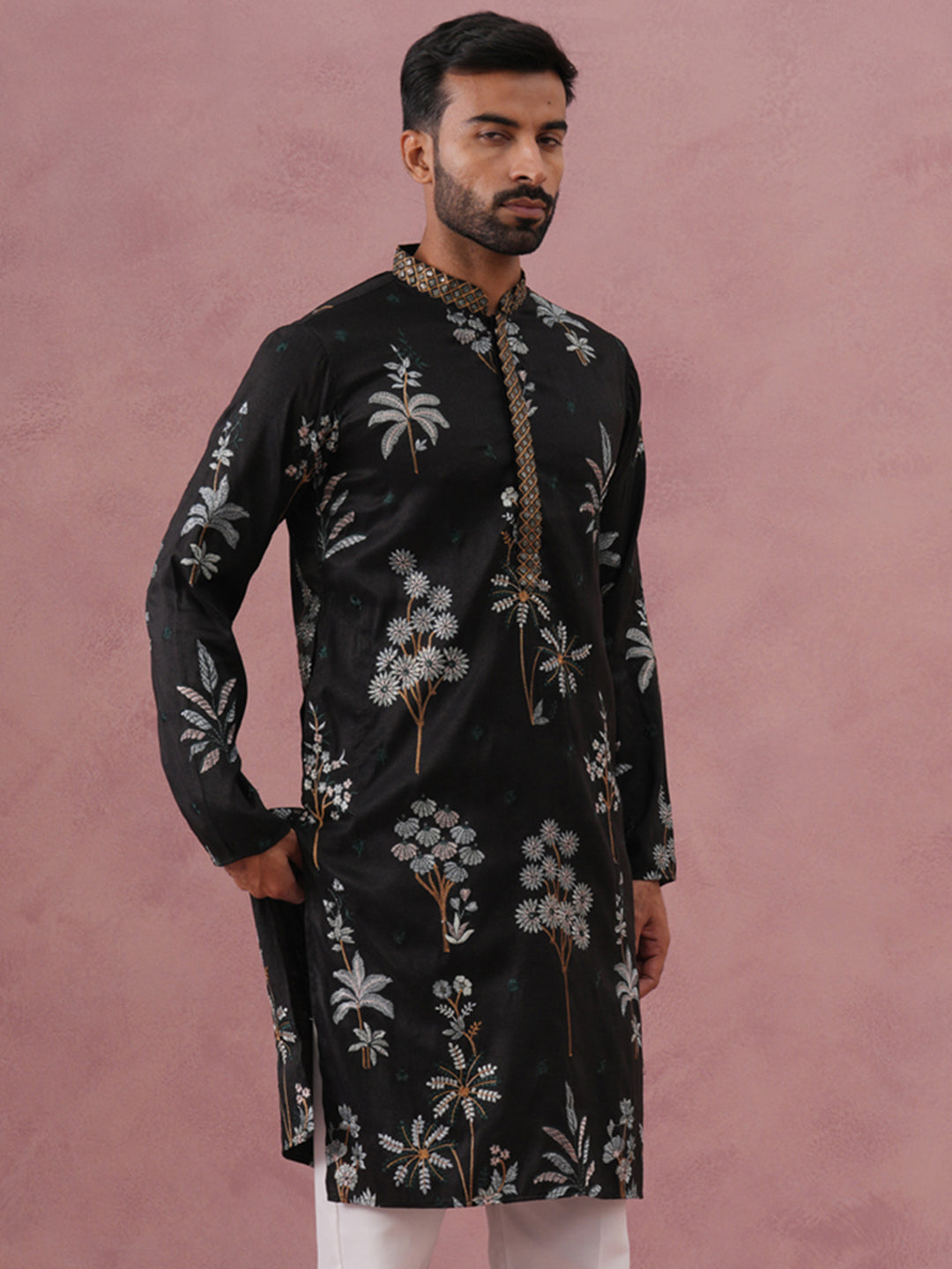 DesiQlo Men Embroidered Kurta Only - Black - 65KO_5344Black_S