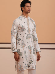 Botanical Embroidered Cotton Blend Kurta for Men (65KO 5344 White ) [FF] [Q-4]