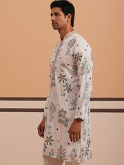 Botanical Embroidered Cotton Blend Kurta for Men (65KO 5344 White ) [FF] [Q-4]