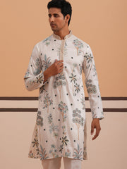 Botanical Embroidered Cotton Blend Kurta for Men (65KO 5344 White ) [FF] [Q-4]