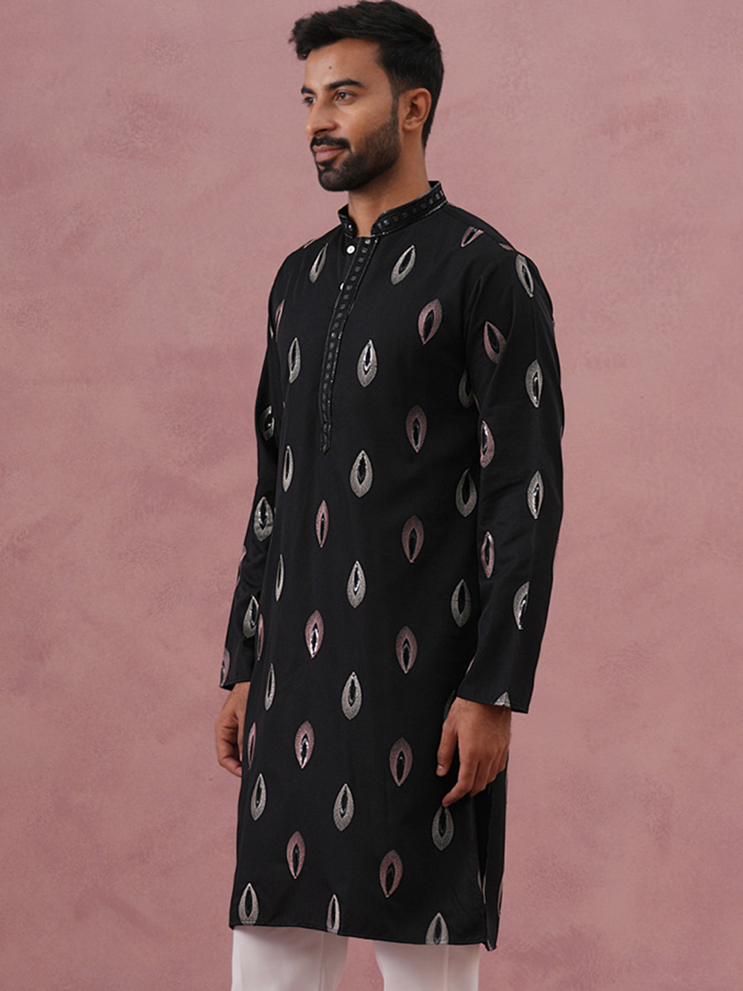DesiQlo Men Embroidered Kurta Only - Black - 65KO_5346Black_S