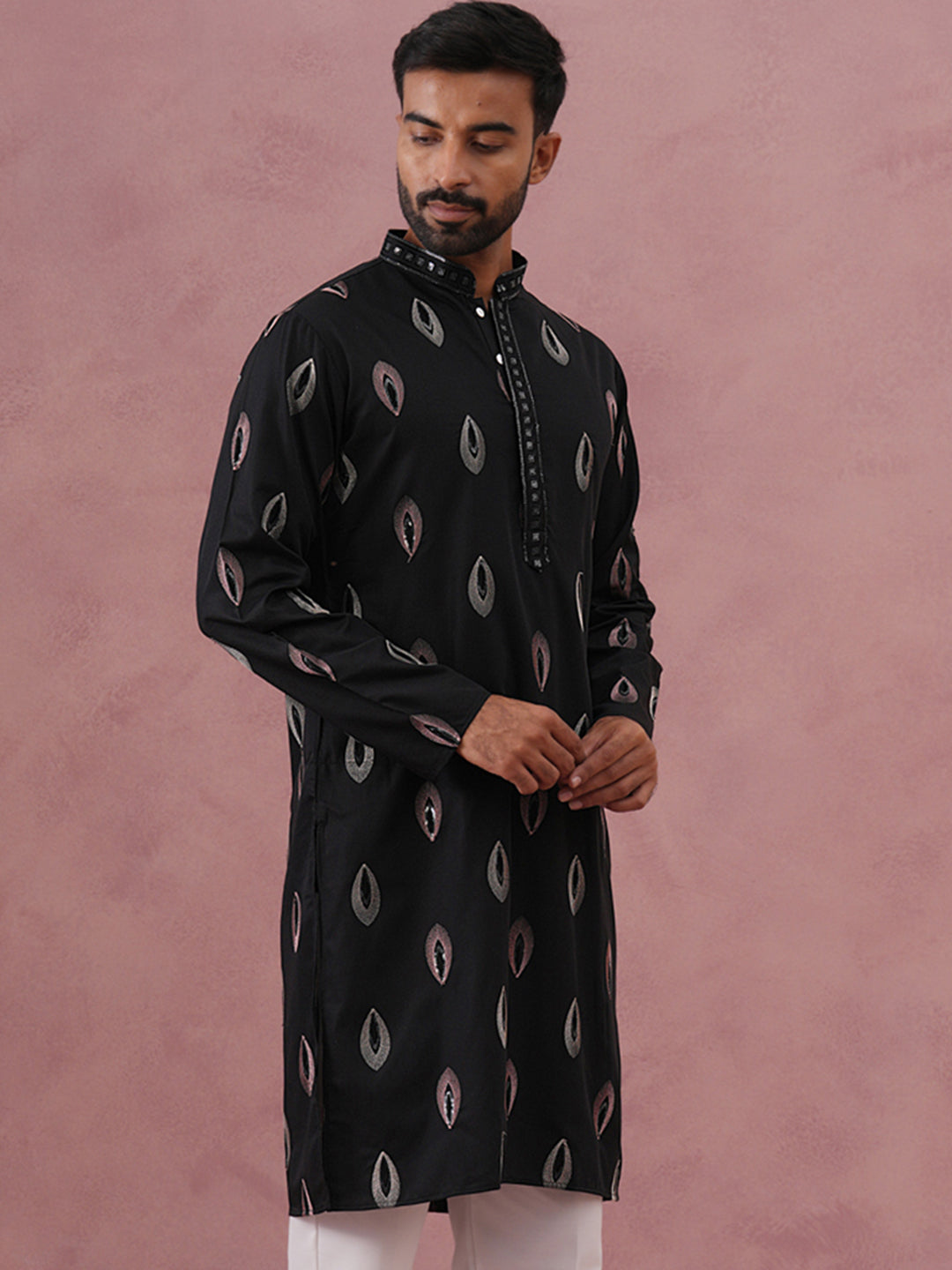 DesiQlo Men Embroidered Kurta Only - Black - 65KO_5346Black_S