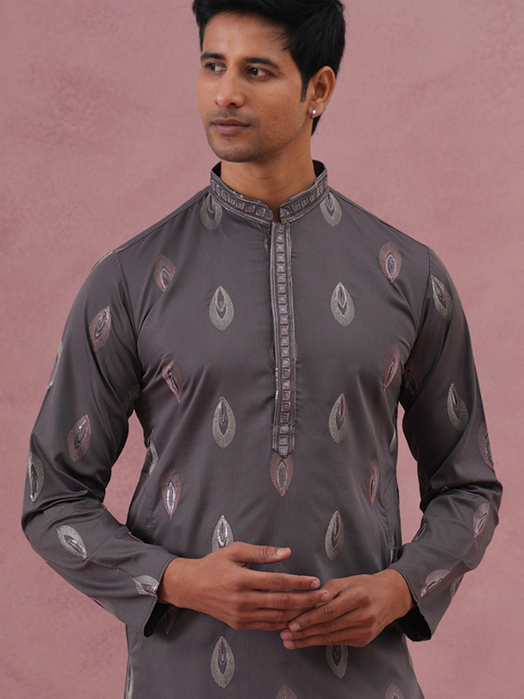 DesiQlo Men Embroidered Kurta Only - Grey - 65KO_5346Grey_S