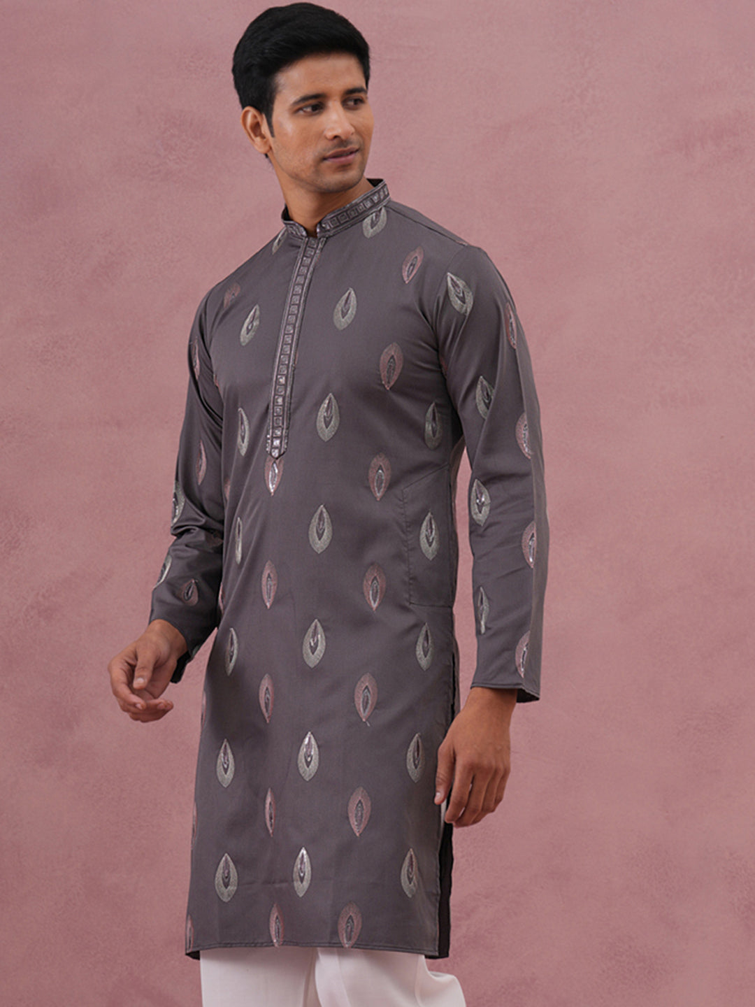 DesiQlo Men Embroidered Kurta Only - Grey - 65KO_5346Grey_S