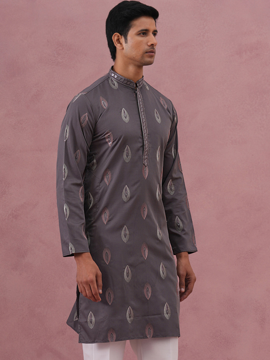 DesiQlo Men Embroidered Kurta Only - Grey - 65KO_5346Grey_S