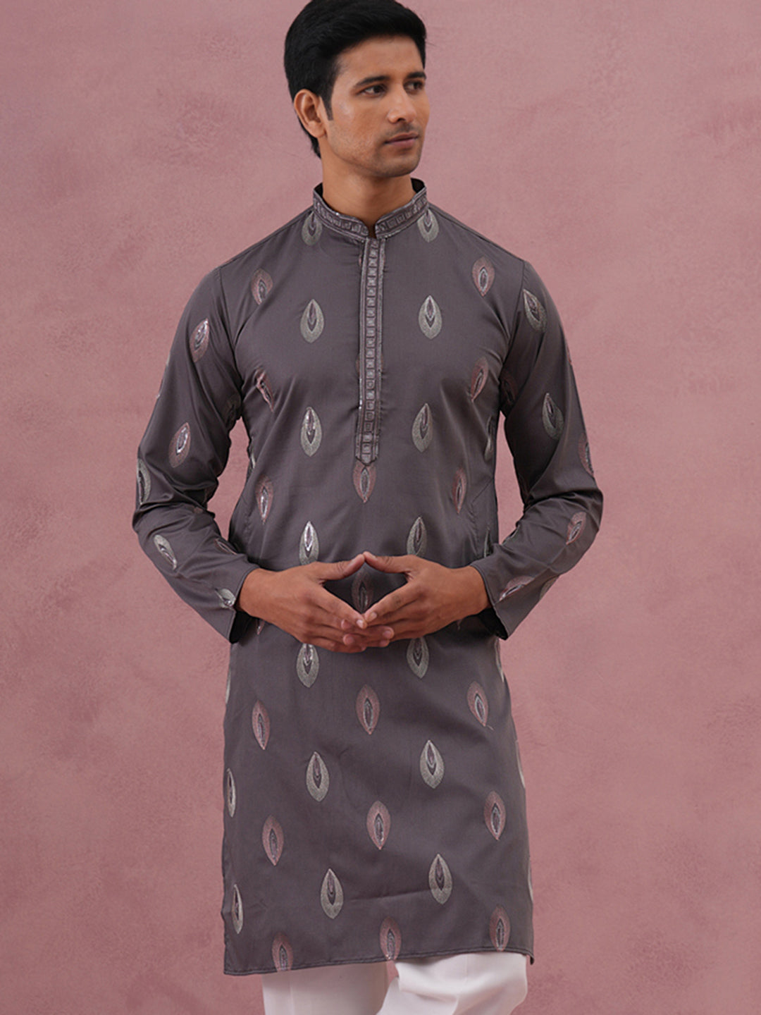 DesiQlo Men Embroidered Kurta Only - Grey - 65KO_5346Grey_S