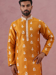 Men’s Embroidered Silk Blend Kurta ( 65KO 5347 Mustard ) [FF] [B-1-2]