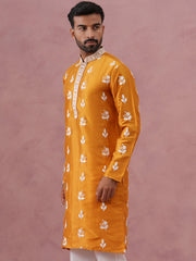 Men’s Embroidered Silk Blend Kurta ( 65KO 5347 Mustard ) [FF] [B-1-2]