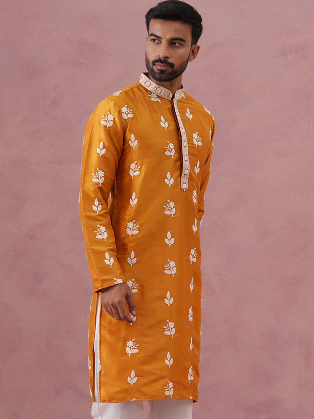 DesiQlo Men Embroidered Kurta Only - Yellow - 65KO_5347Mustard_S