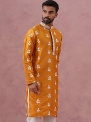 Men’s Embroidered Silk Blend Kurta ( 65KO 5347 Mustard ) [FF] [B-1-2]