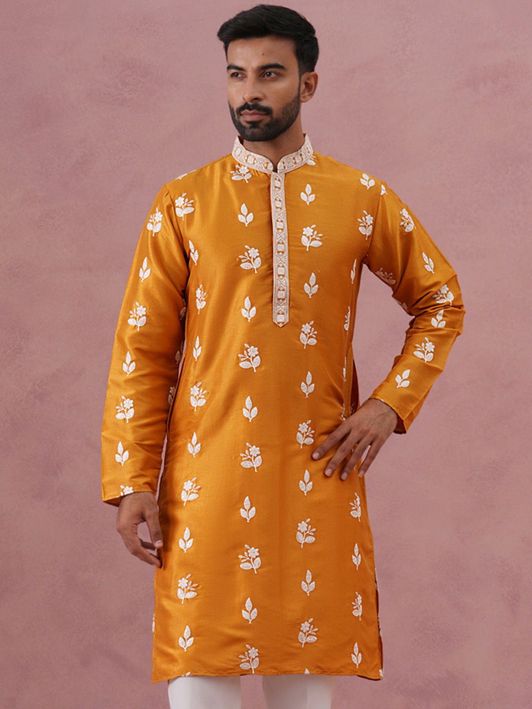DesiQlo Men Embroidered Kurta Only - Yellow - 65KO_5347Mustard_S