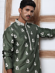 Men’s Embroidered Silk Blend Kurta ( 65KO 5347 Olive ) [FF] [B-1-2]