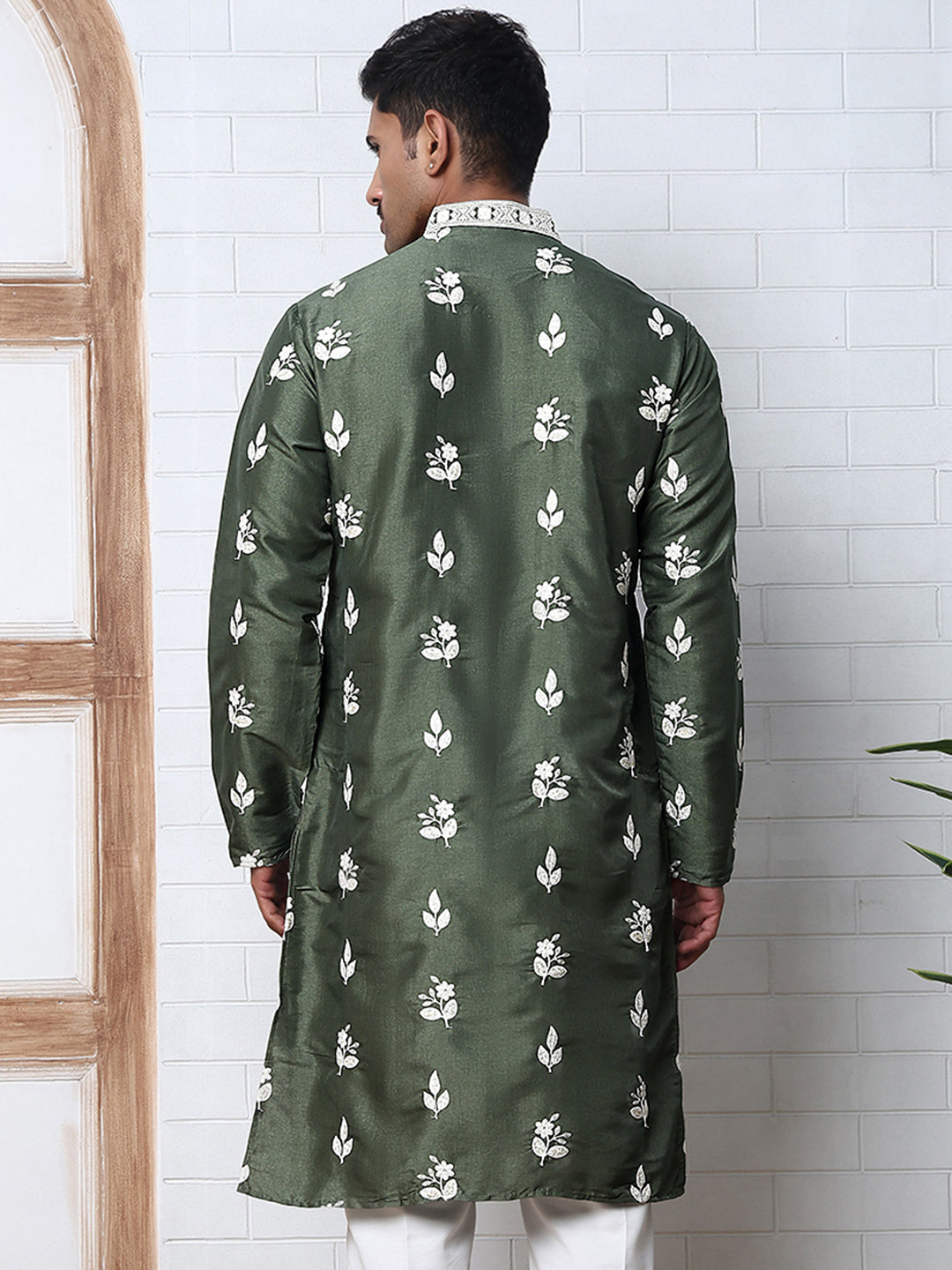 DesiQlo Men Embroidered Kurta Only - Green - 65KO_5347Olive_S