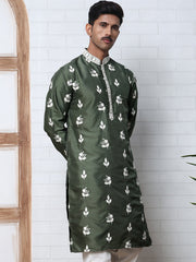 Men’s Embroidered Silk Blend Kurta ( 65KO 5347 Olive ) [FF] [B-1-2]