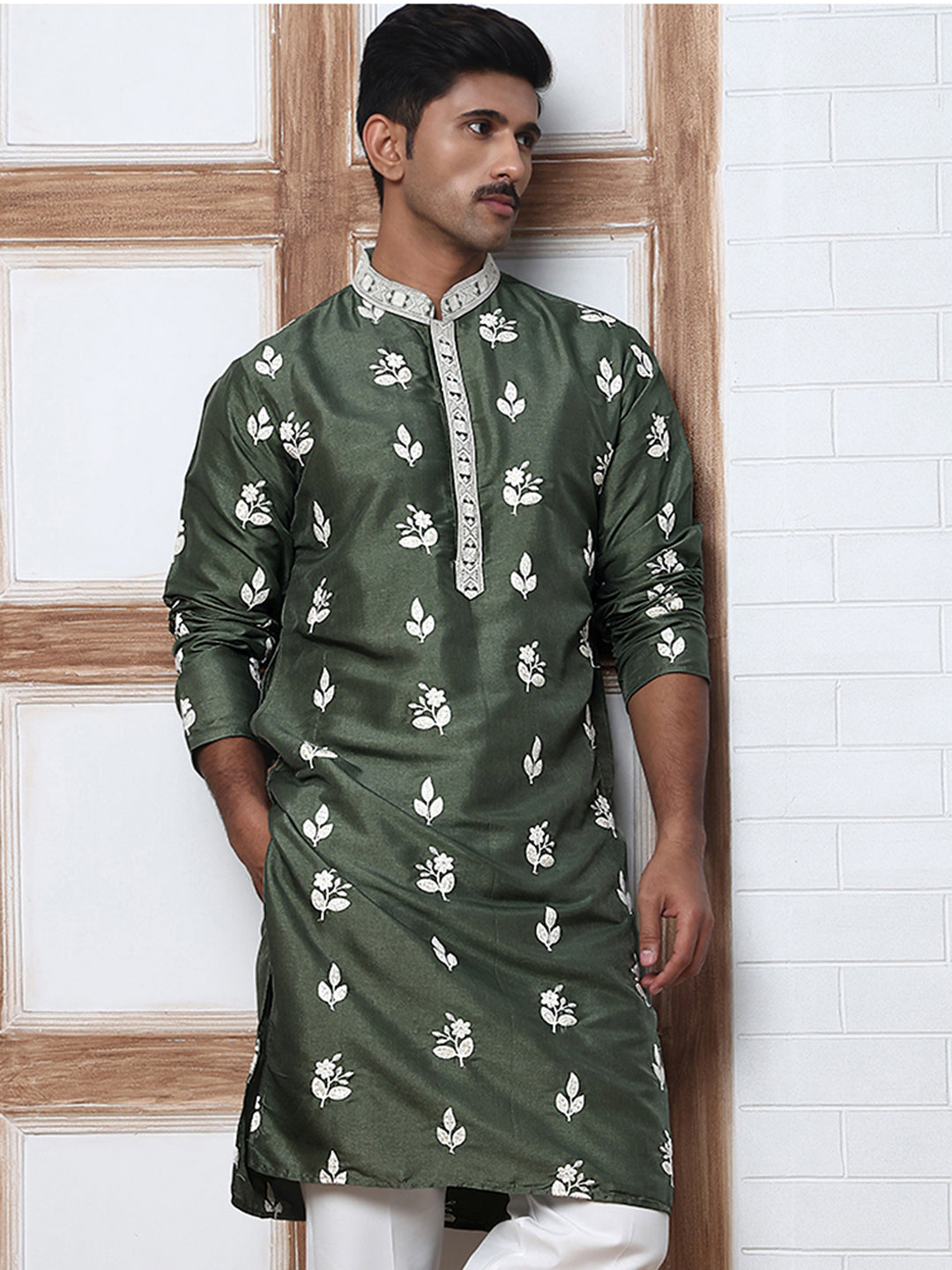 DesiQlo Men Embroidered Kurta Only - Green - 65KO_5347Olive_S