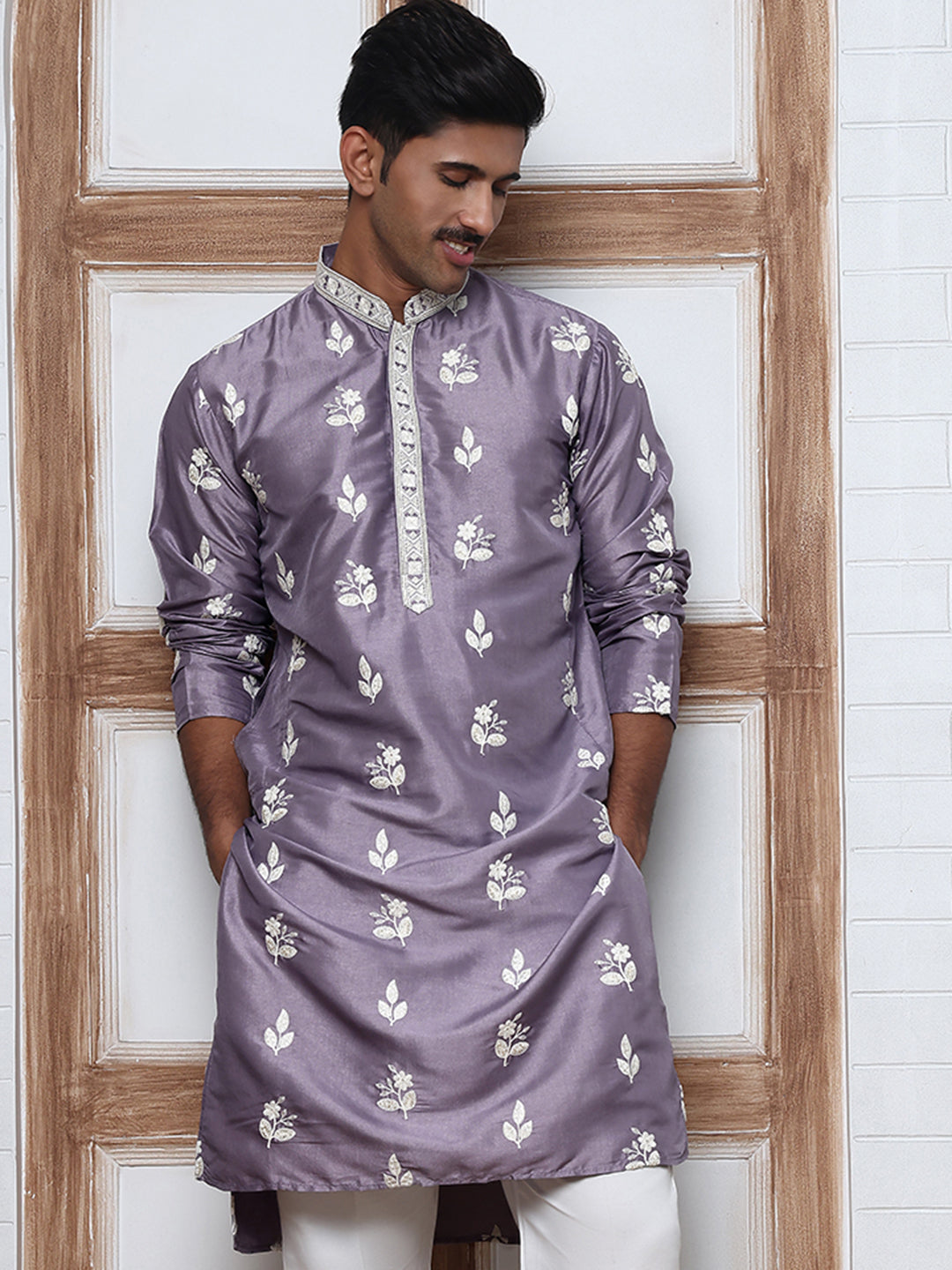 DesiQlo Men Embroidered Kurta Only - Purple - 65KO_5347Purple_S