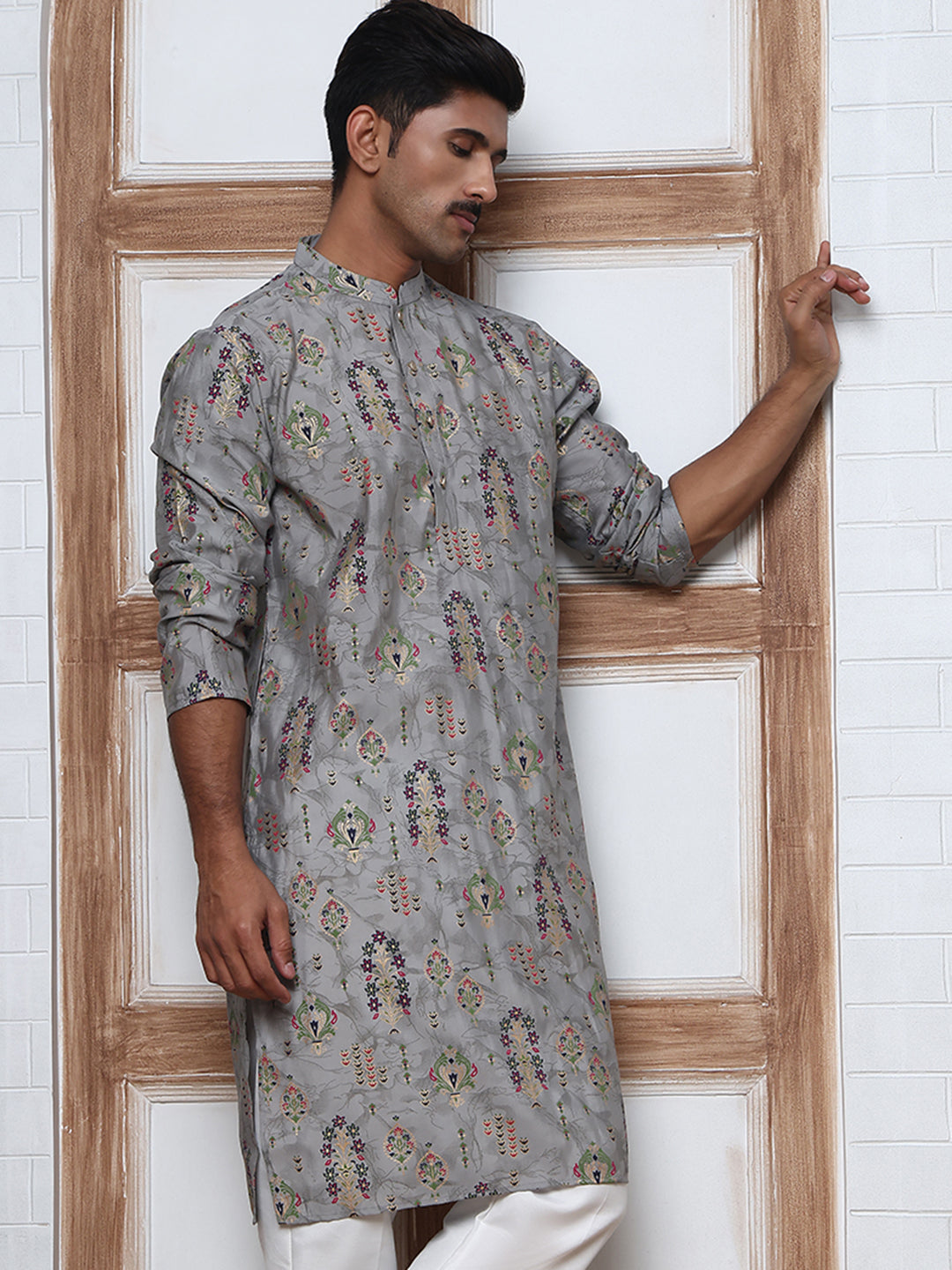 DesiQlo Men Printed Kurta Only - Grey - 65KO_5348Grey_S