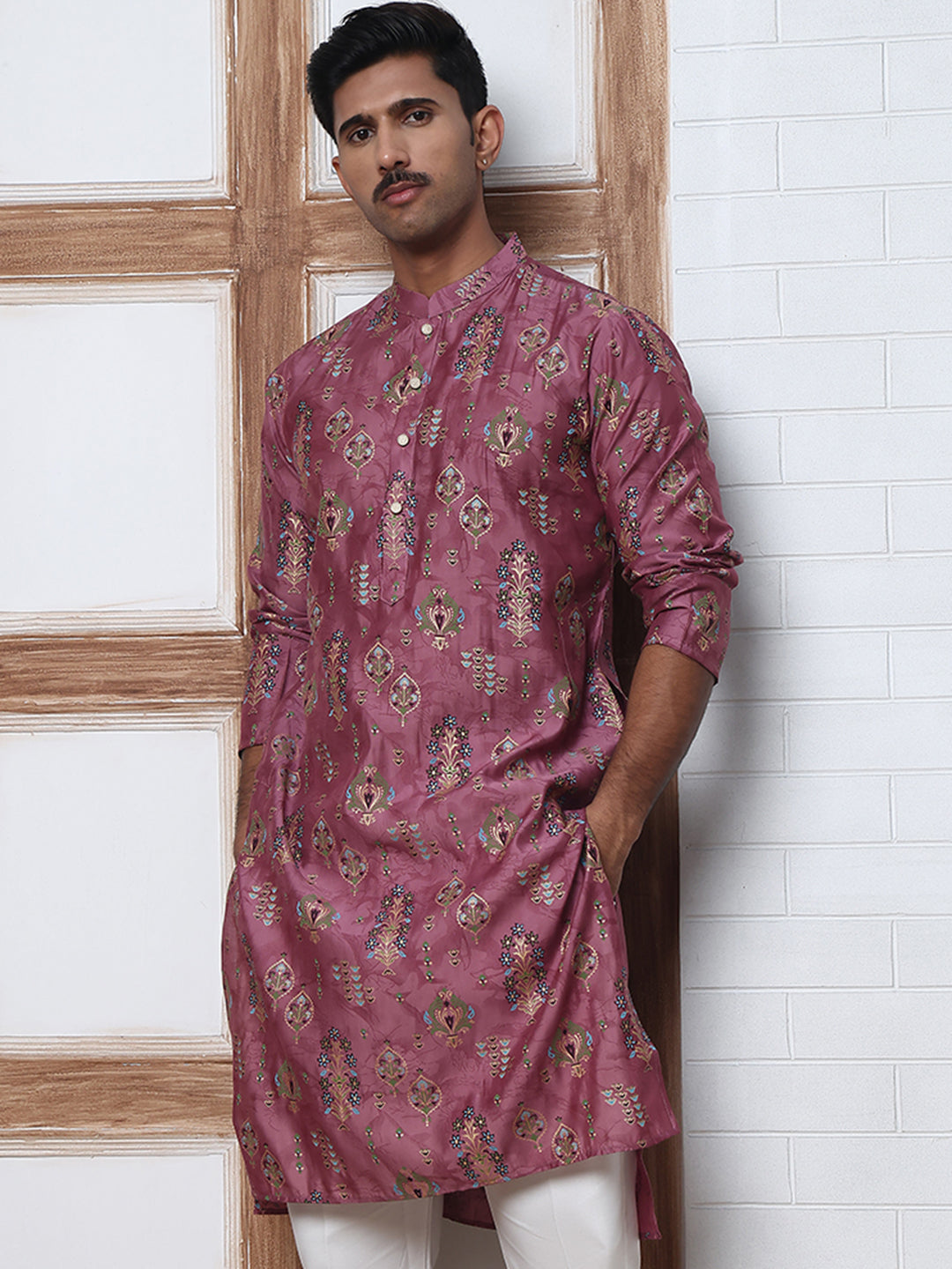DesiQlo Men Printed Kurta Only - Pink - 65KO_5348Magenta_S