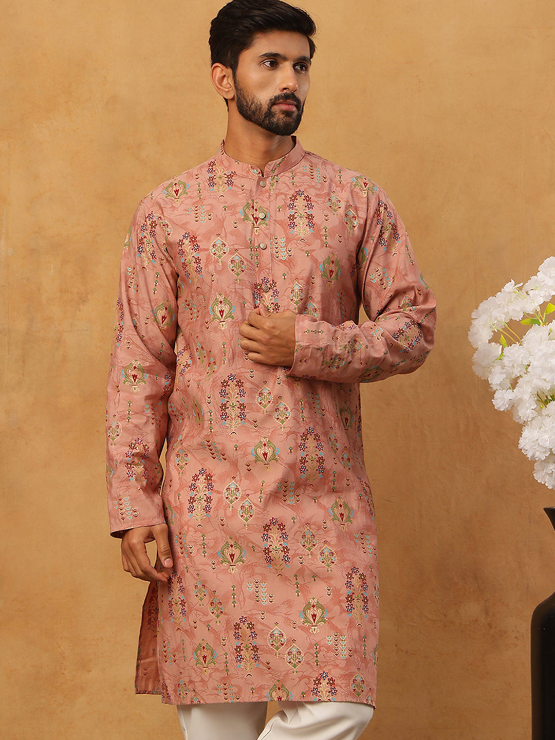 DesiQlo Men Floral Kurta Only - Orange
