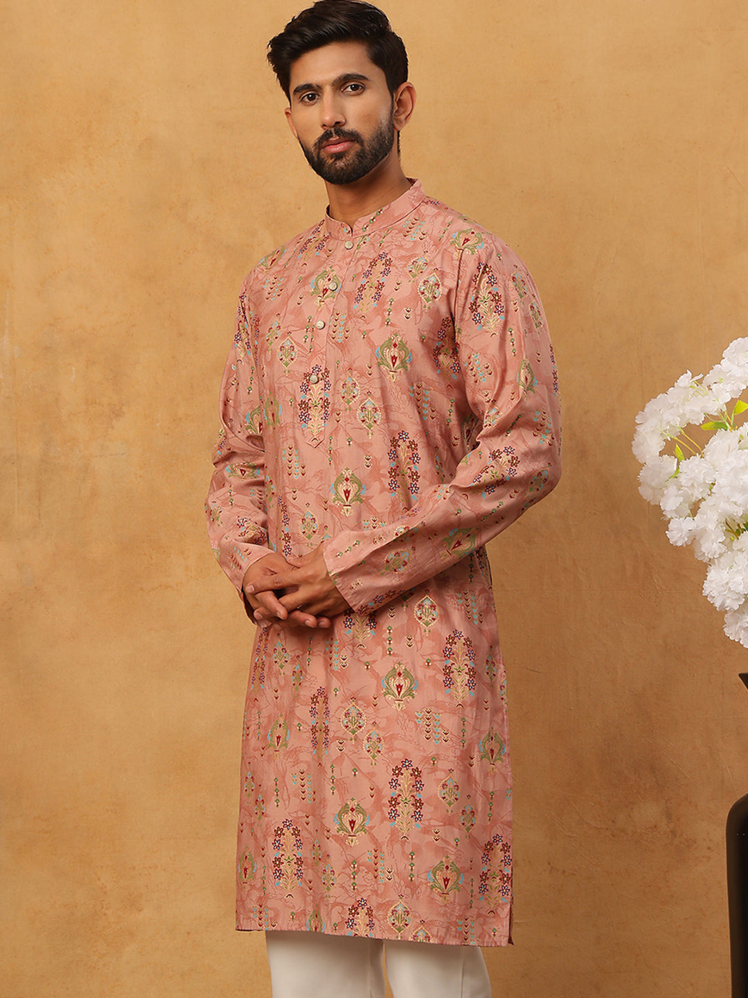 DesiQlo Men Floral Kurta Only - Orange