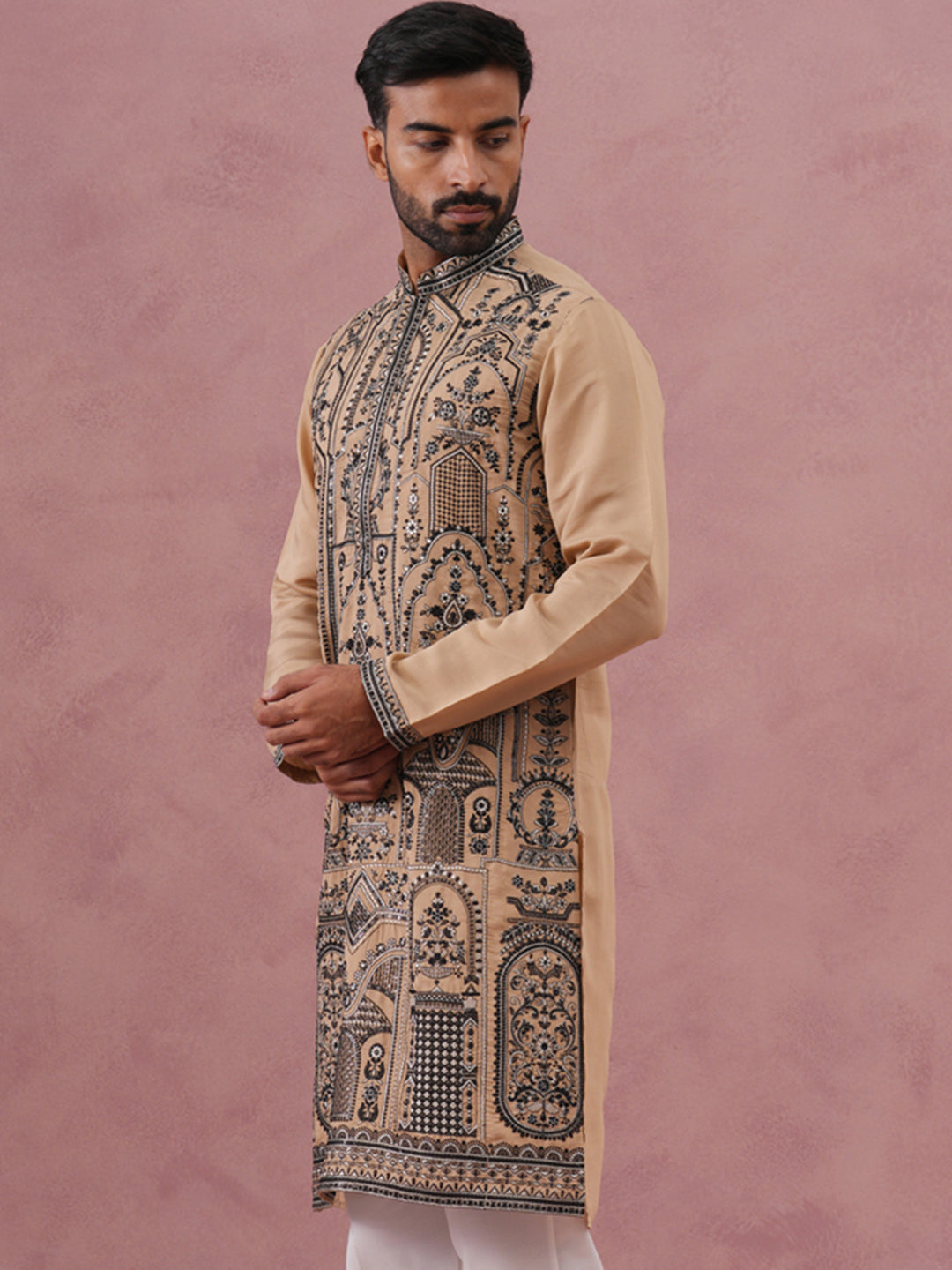 DesiQlo Men Embroidered Kurta Only - Beige - 65KO_5350Beige_S