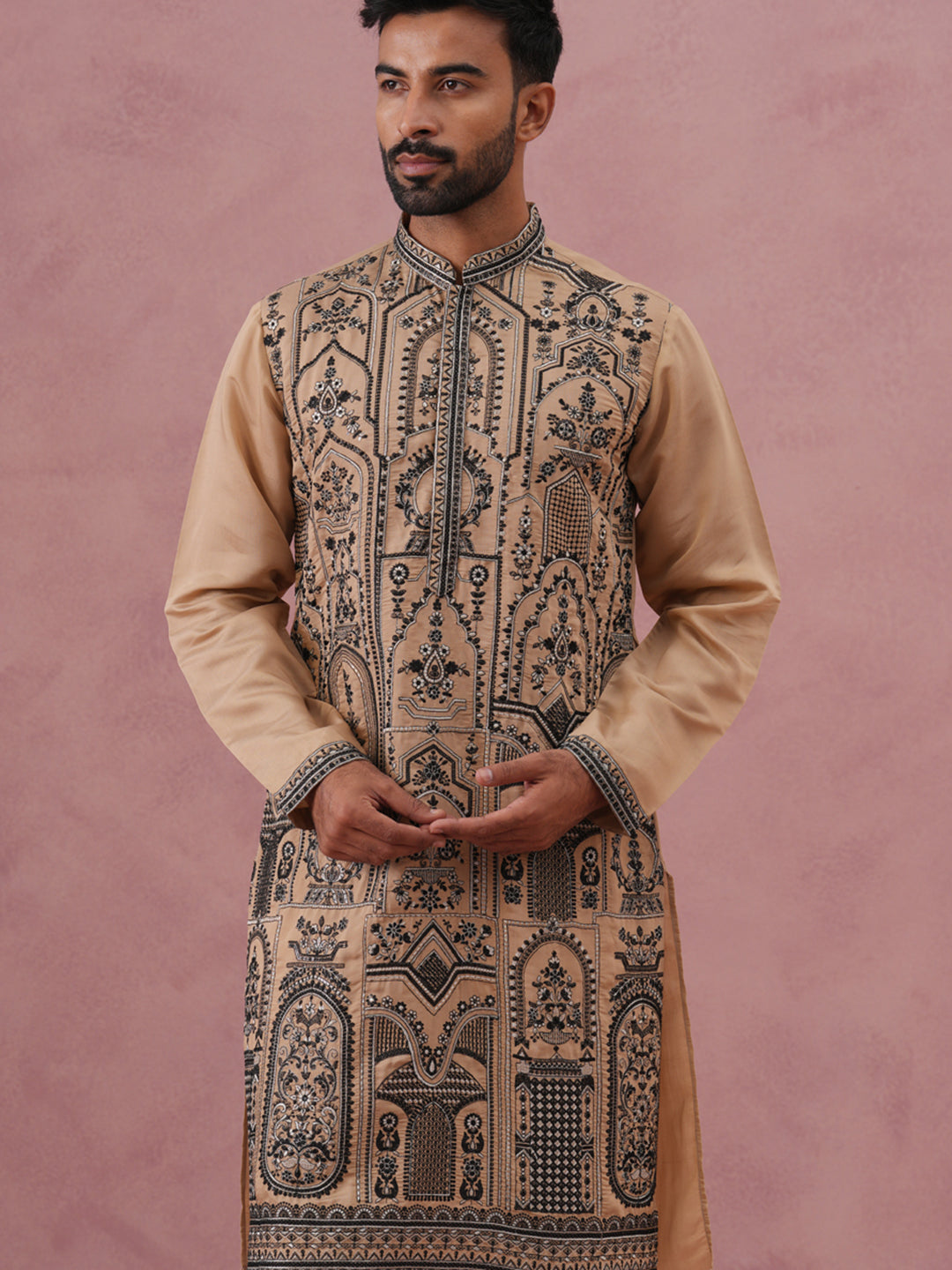DesiQlo Men Embroidered Kurta Only - Beige - 65KO_5350Beige_S