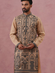 Men’s Silk Blend Embroidered Kurta (65KO 5350 Beige ) [FF] [A-1-4]