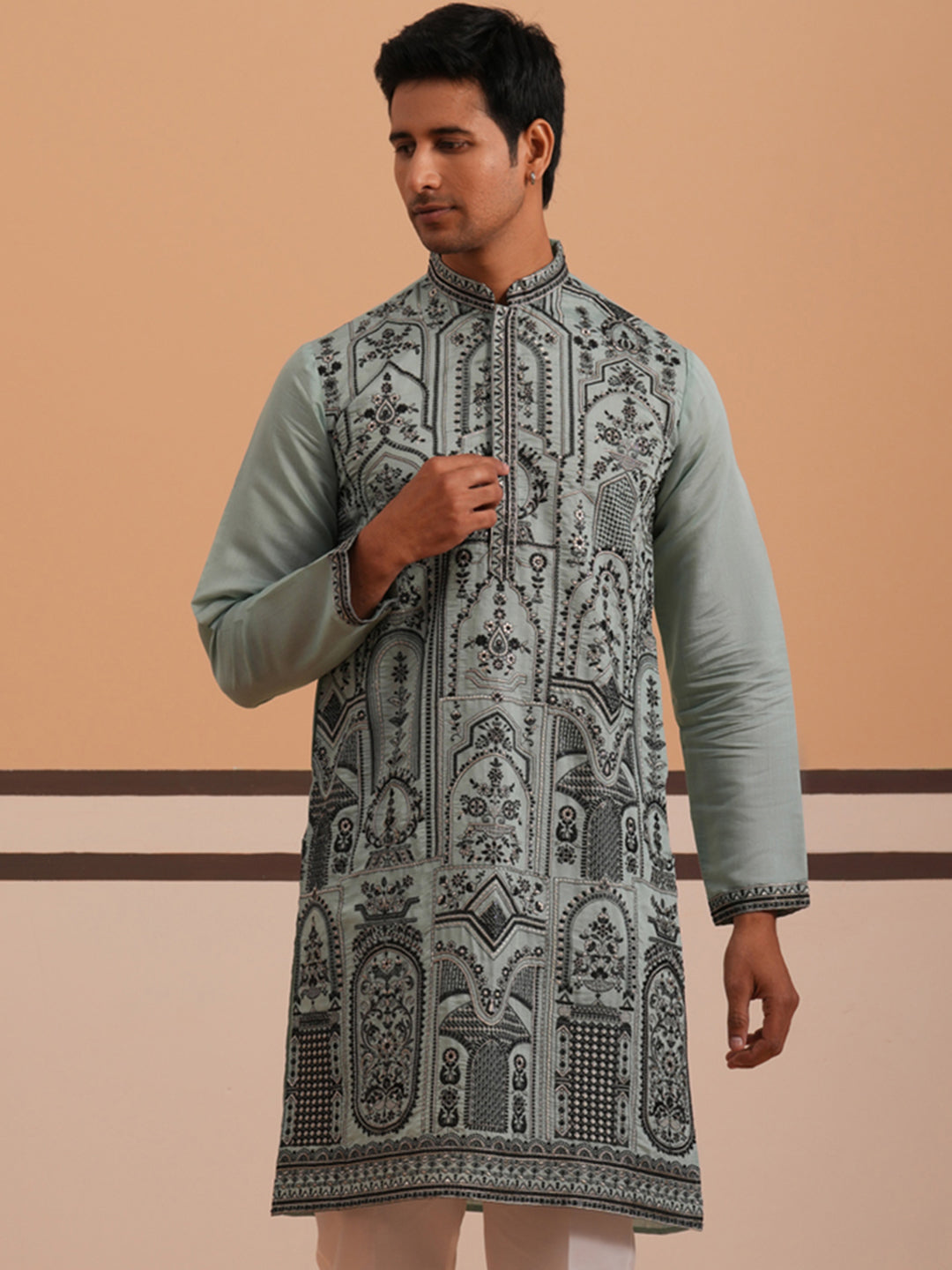DesiQlo Men Embroidered Kurta Only - Blue - 65KO_5350Blue_S