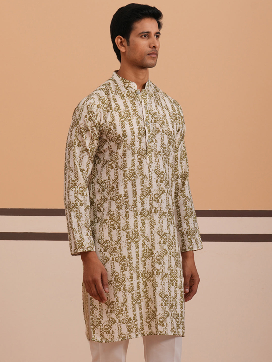 DesiQlo Men Printed Kurta Only - Green - 65KO_5352Olive_S