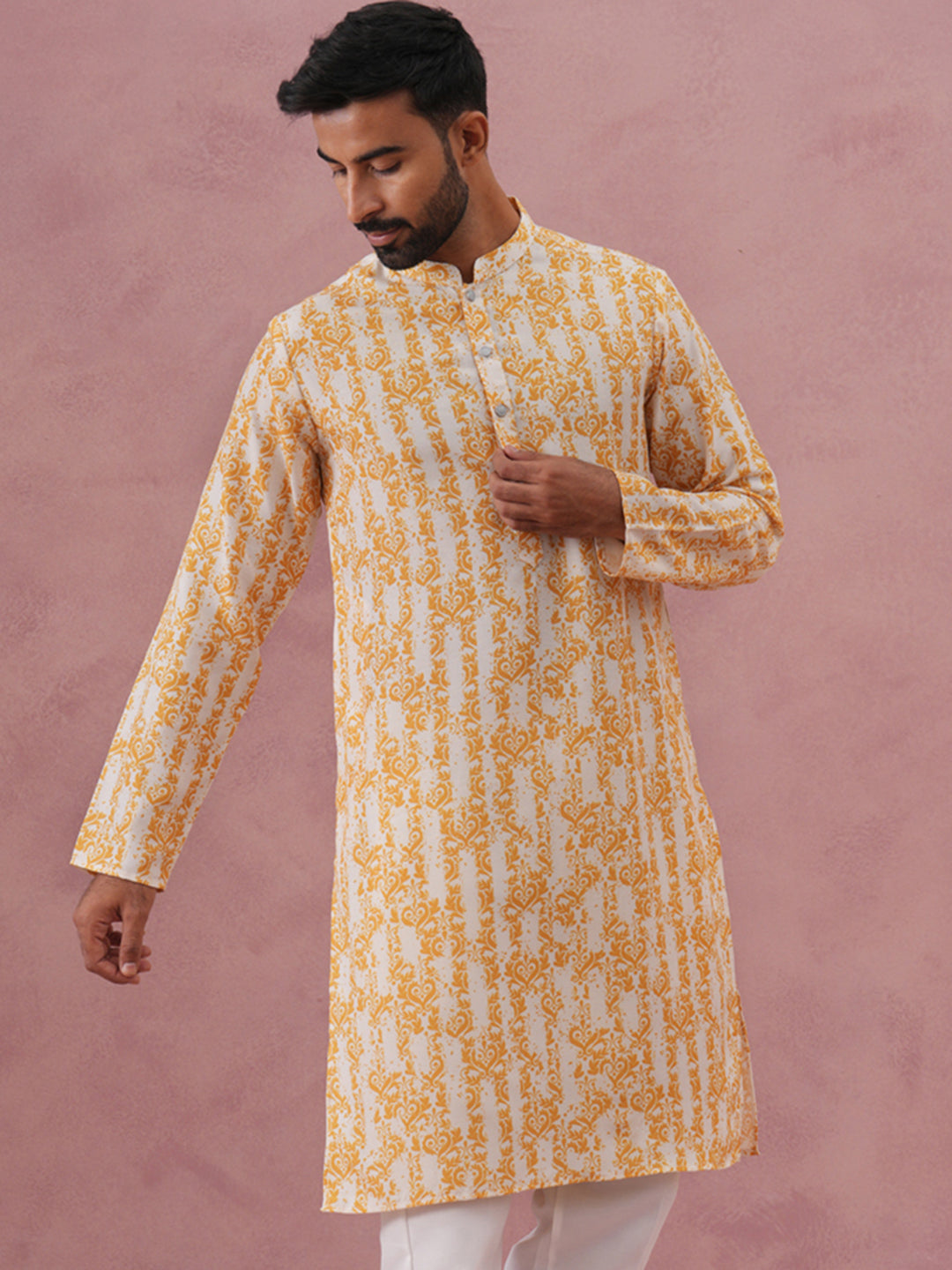 DesiQlo Men Printed Kurta Only - Yellow - 65KO_5352Yellow_S