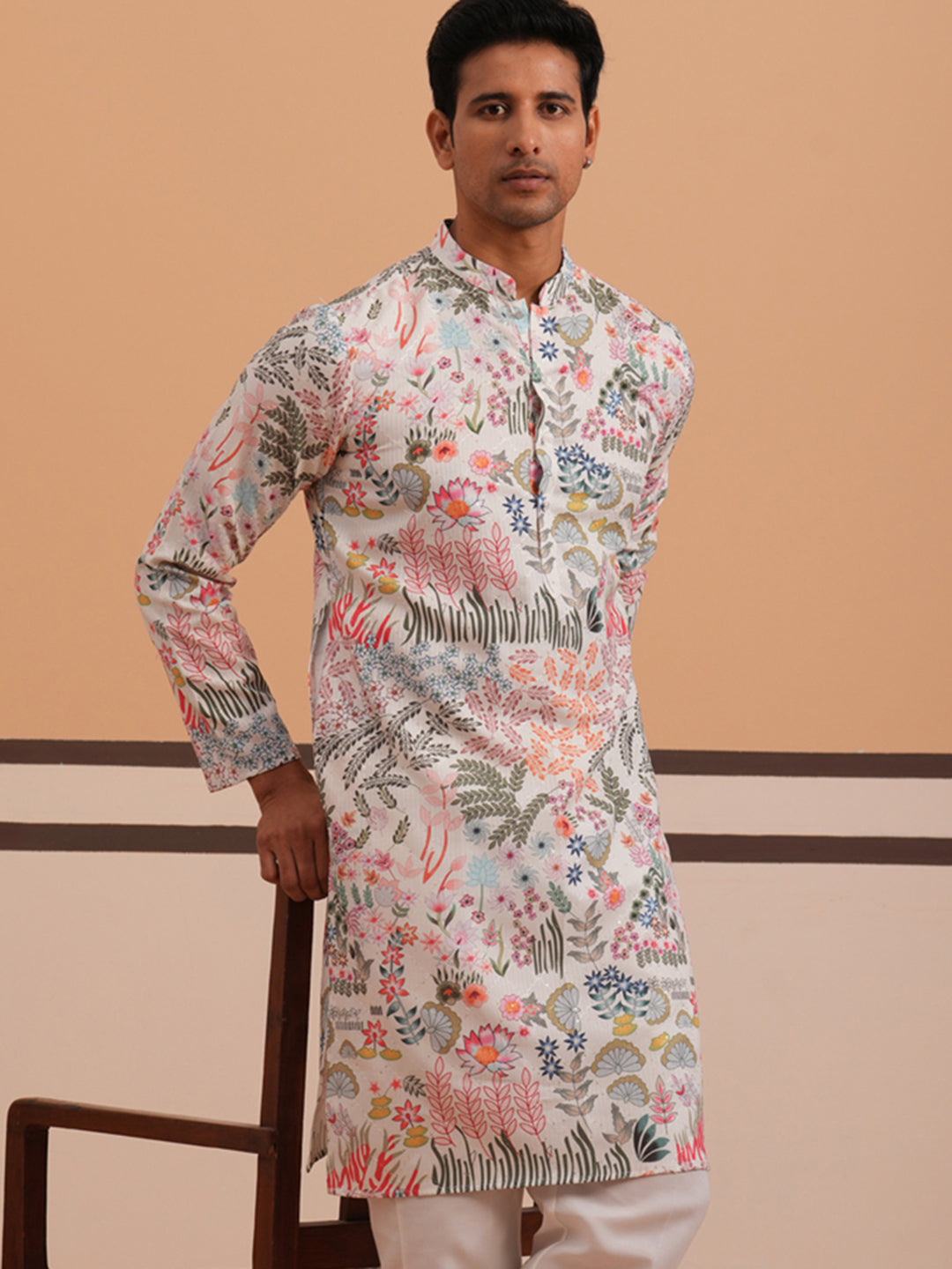 DesiQlo Men Printed Kurta Only - White - 65KO_5354White_S