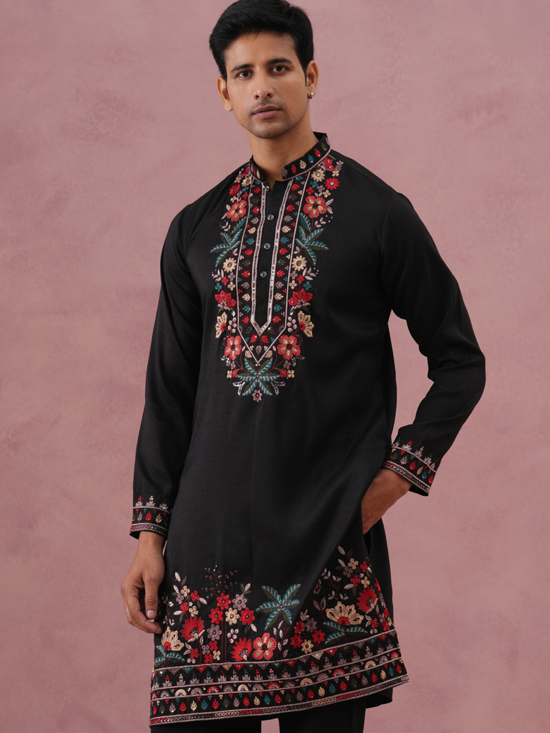 Floral Embroidered Silk Blend Kurta (65KO 5356 Black ) [FF] [B-9]