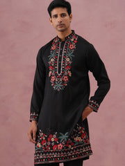 Floral Embroidered Silk Blend Kurta (65KO 5356 Black ) [FF] [B-9]