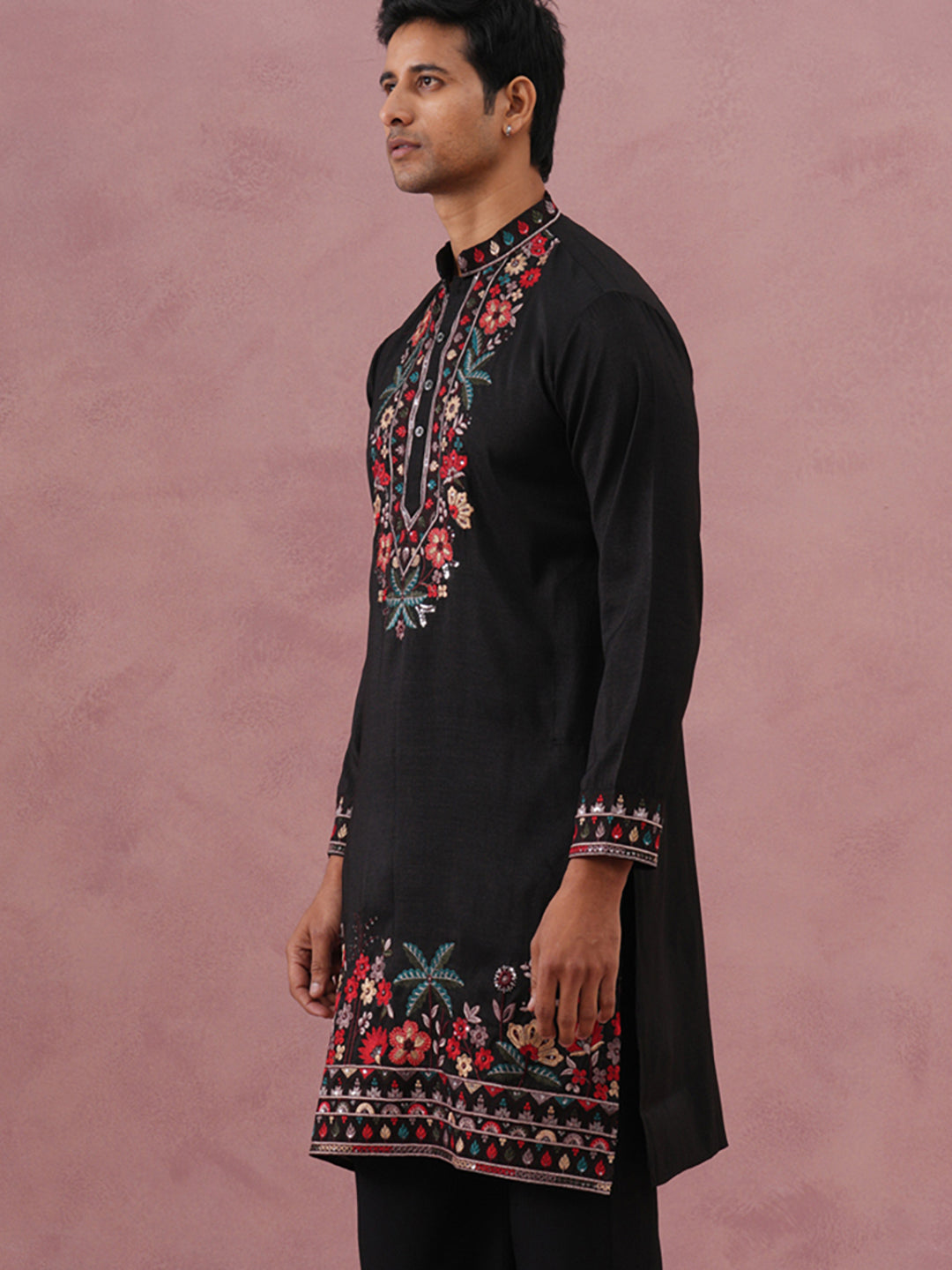 DesiQlo Men Embroidered Kurta Only - Black - 65KO_5356Black_S