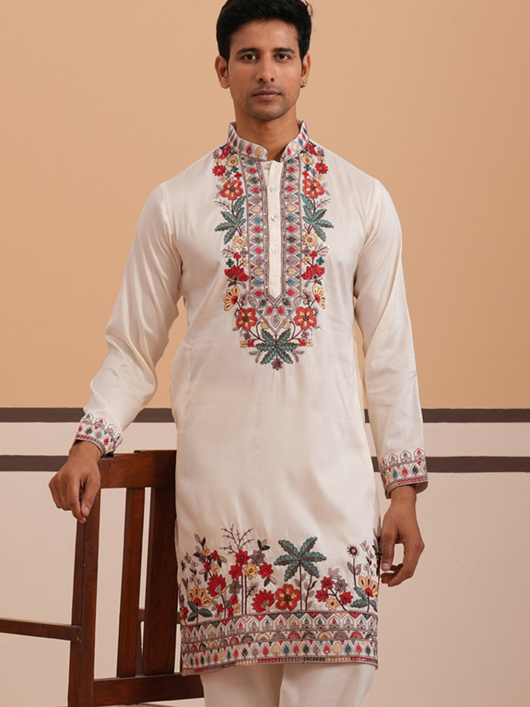DesiQlo Men Embroidered Kurta Only - White - 65KO_5356White_S