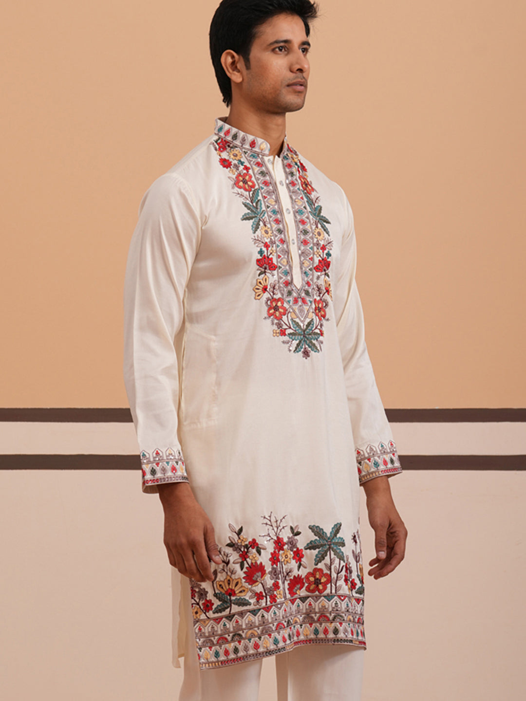 DesiQlo Men Embroidered Kurta Only - White - 65KO_5356White_S