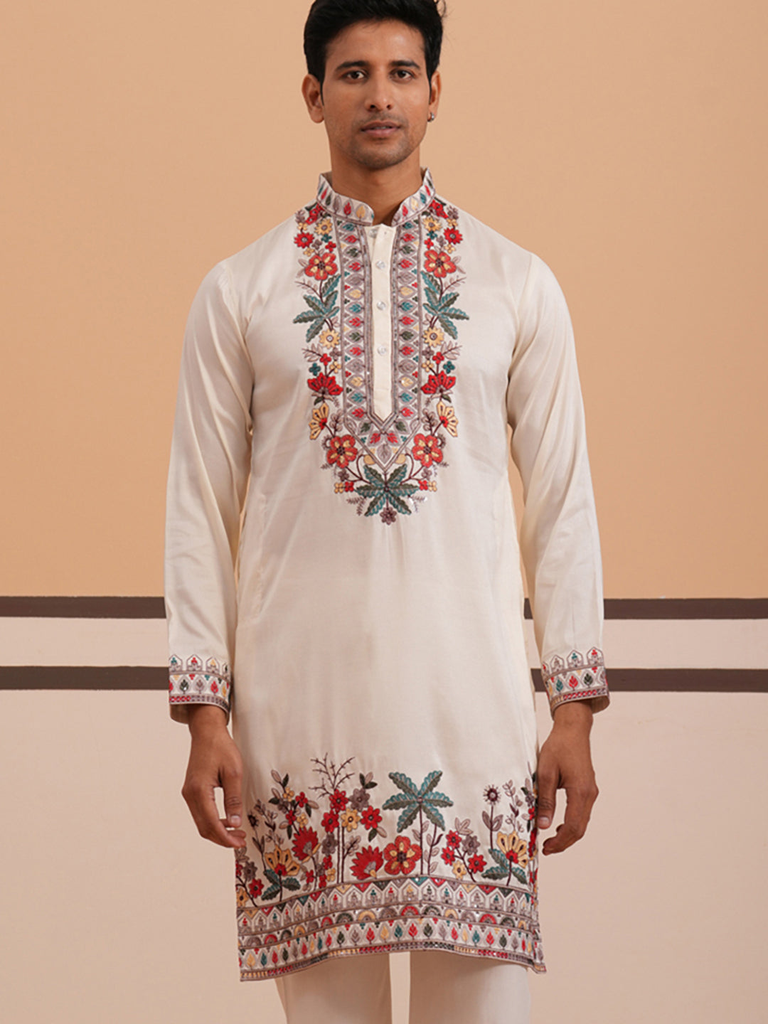 DesiQlo Men Embroidered Kurta Only - White - 65KO_5356White_S