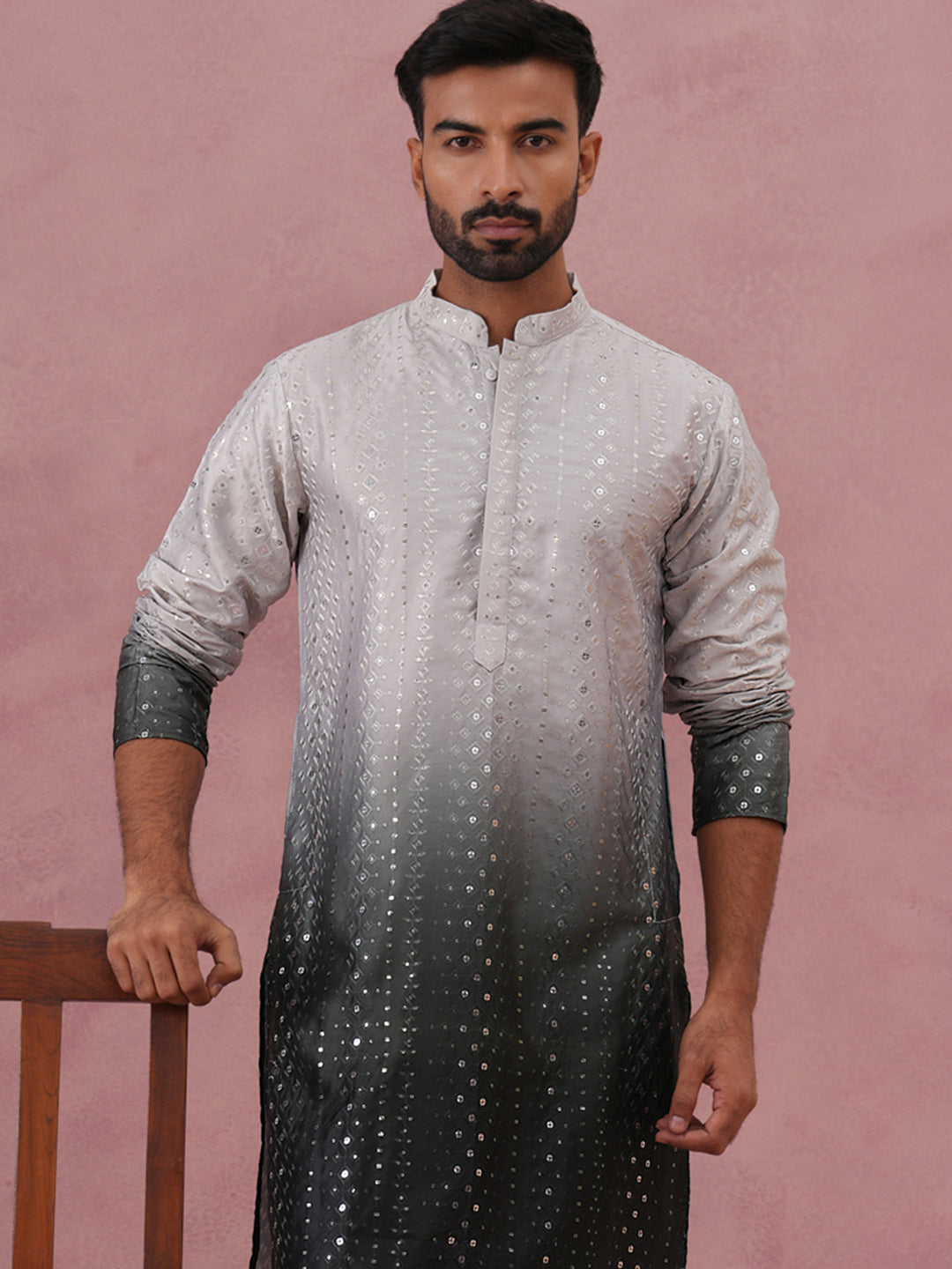 DesiQlo Men Embroidered Kurta Only - Grey - 65KO_5357Grey_S