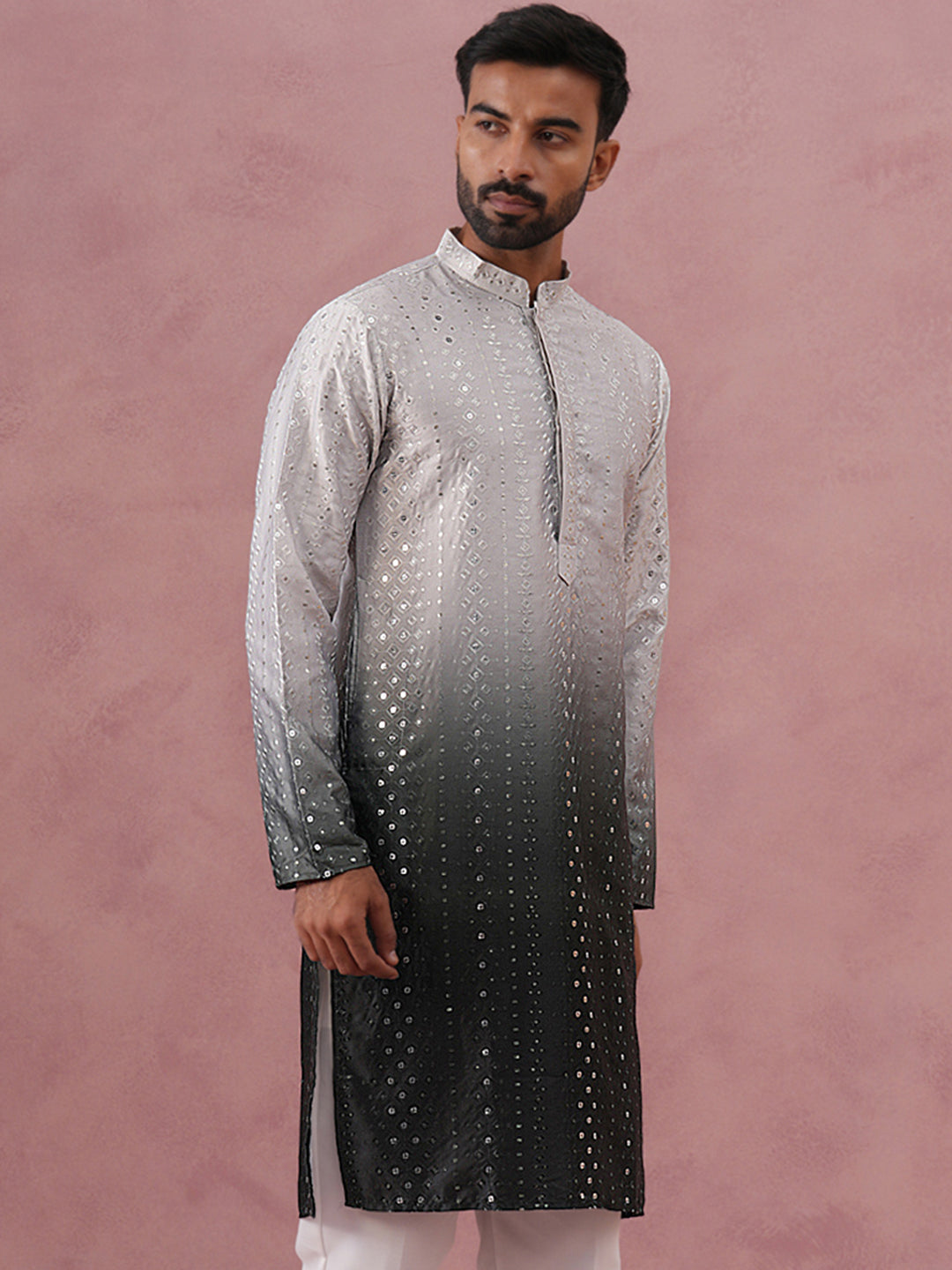 DesiQlo Men Embroidered Kurta Only - Grey - 65KO_5357Grey_S