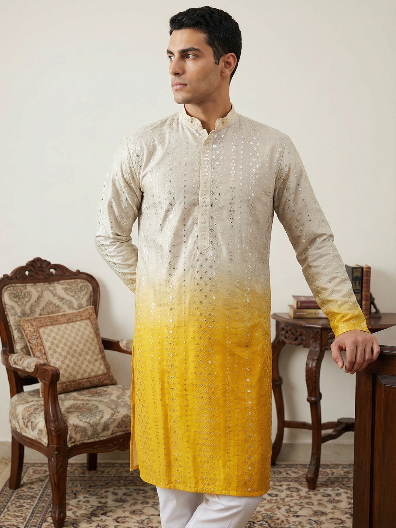DesiQlo Men Embroidered Kurta Only - Yellow - 65KO_5357Yellow_S