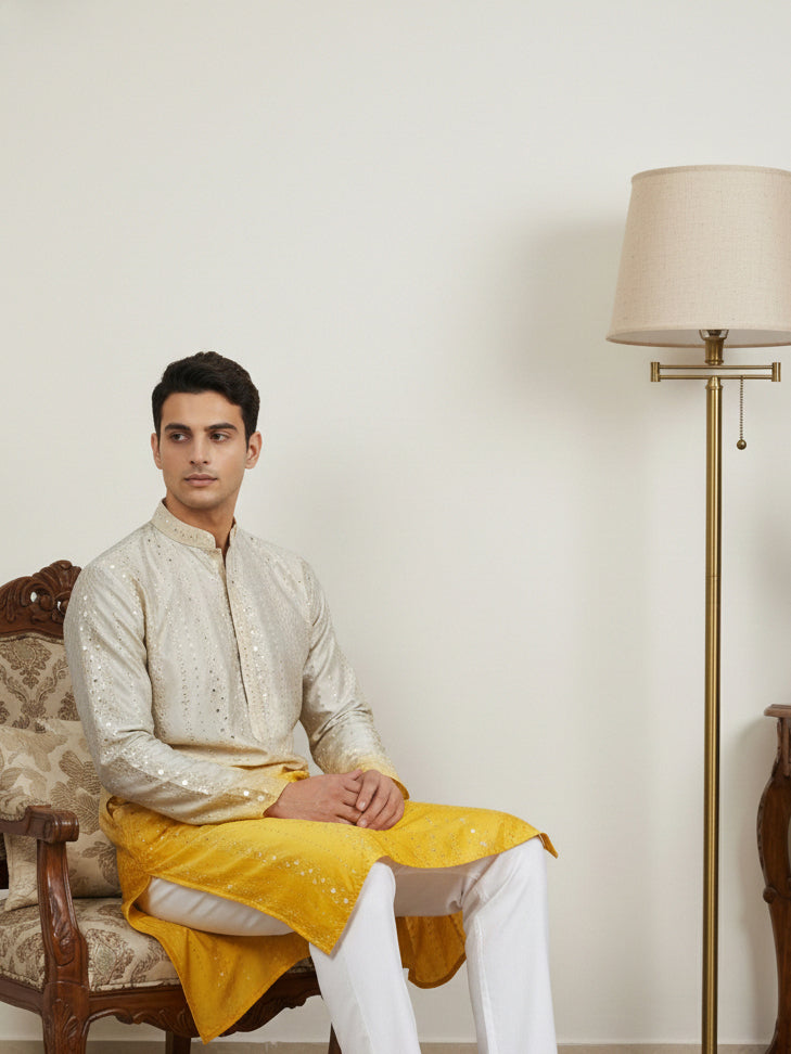 DesiQlo Men Embroidered Kurta Only - Yellow - 65KO_5357Yellow_S