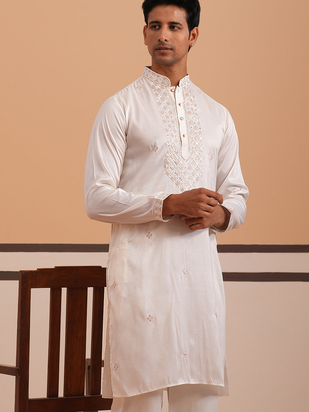 DesiQlo Men Embroidered Kurta Only - White - 65KO_5358White_S