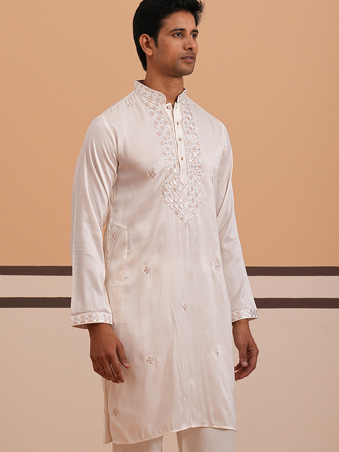 DesiQlo Men Embroidered Kurta Only - White - 65KO_5358White_S