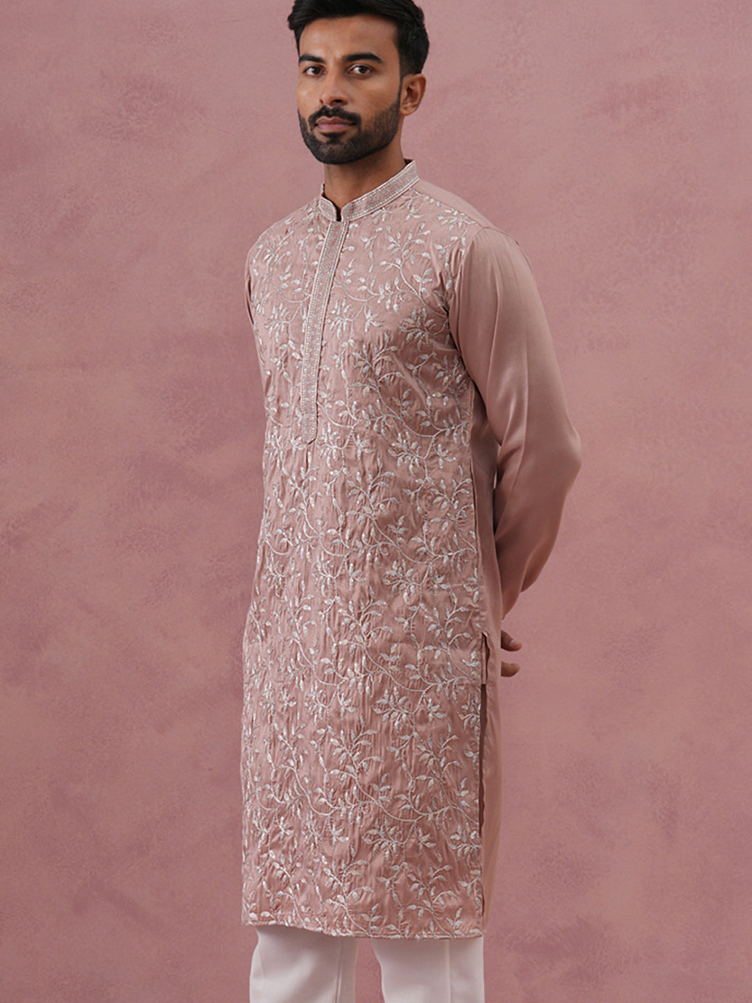 DesiQlo Men Embroidered Kurta Only - Orange - 65KO_5359Peach_S