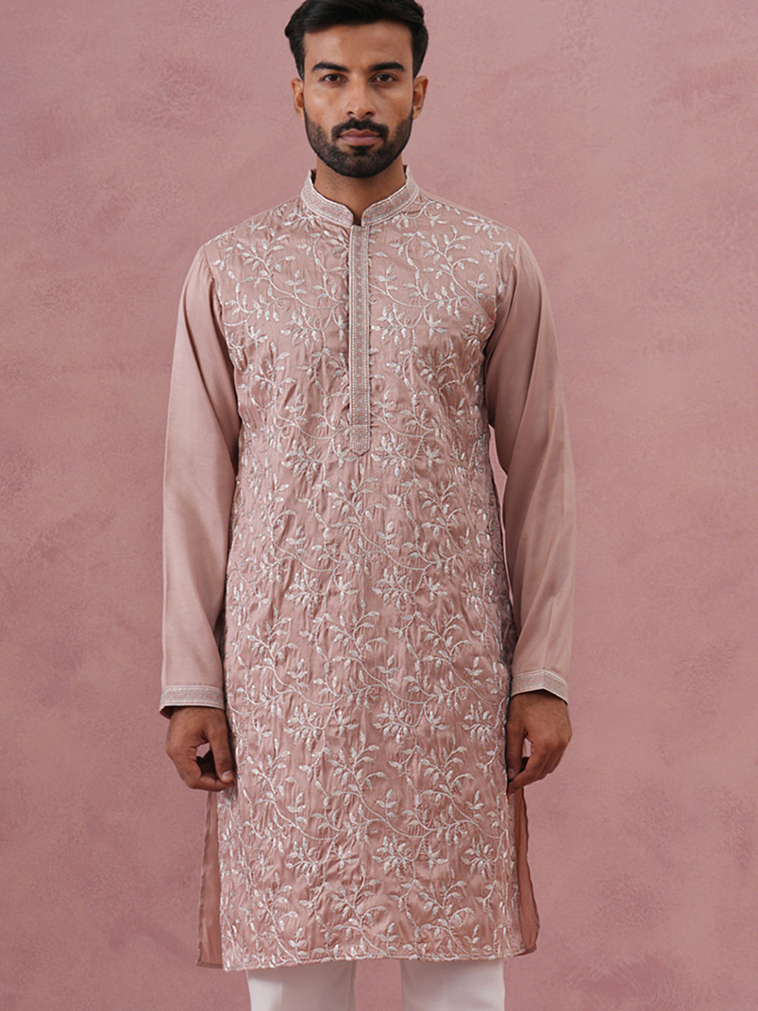 DesiQlo Men Embroidered Kurta Only - Orange - 65KO_5359Peach_S