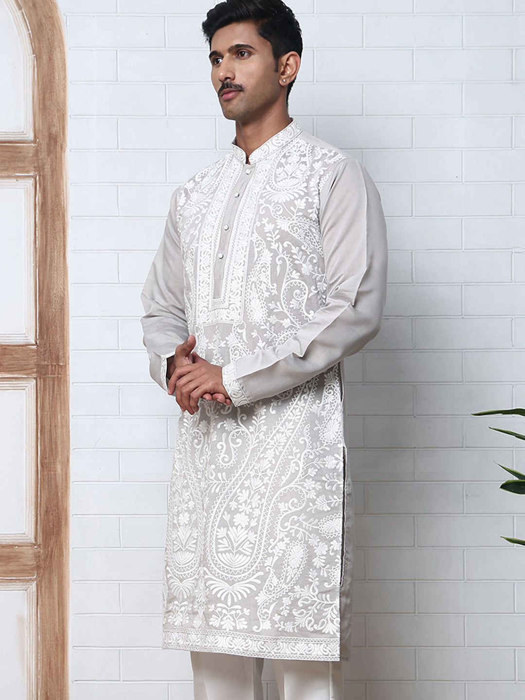 DesiQlo Men Embroidered Kurta Only - Grey - 65KO_5362Grey_S